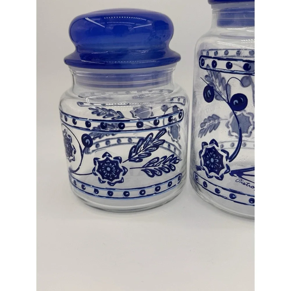 Anchor Hocking Glass Pietro Gobeo Set Of 3 Blue Kitchen Canister Flower 1970s